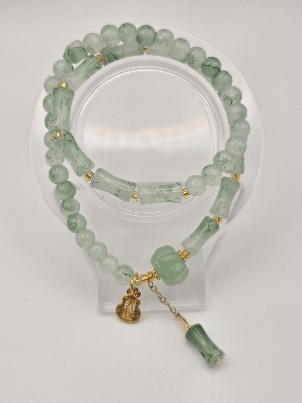 8mm Hand Crafted Mint Green Glass Wrap Bracelet with Gold Accents